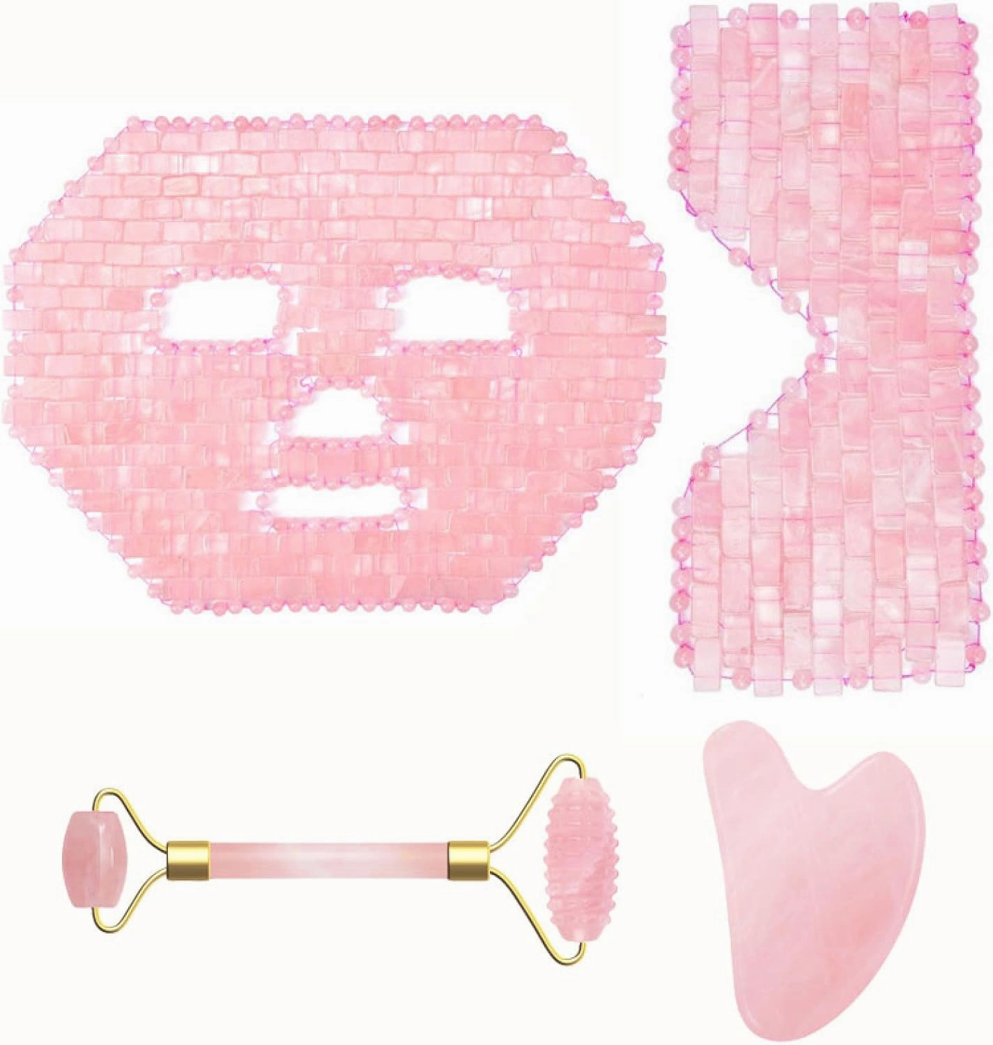 Rose Quartz Jade Eye Mask Face Massage Roller Guasha Board Gouache Scraper Natural Stone Face Mask Facial Massager,3pcs Eye Set No Box