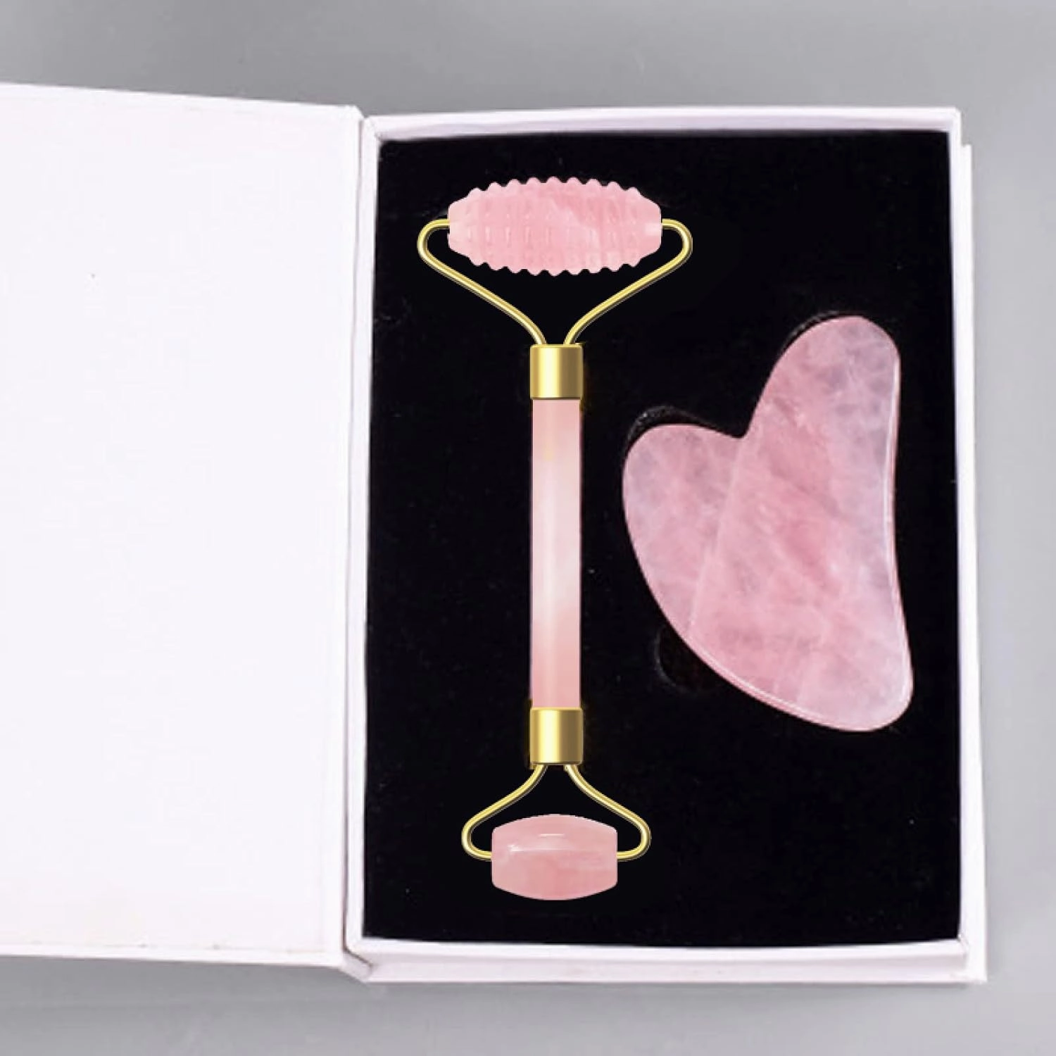 Rose Quartz Jade Eye Mask Face Massage Roller Guasha Board Gouache Scraper Natural Stone Face Mask Facial Massager,3pcs Eye Set No Box