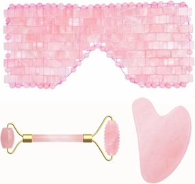 Rose Quartz Jade Eye Mask Face Massage Roller Guasha Board Gouache Scraper Natural Stone Face Mask Facial Massager,3pcs Eye Set No Box