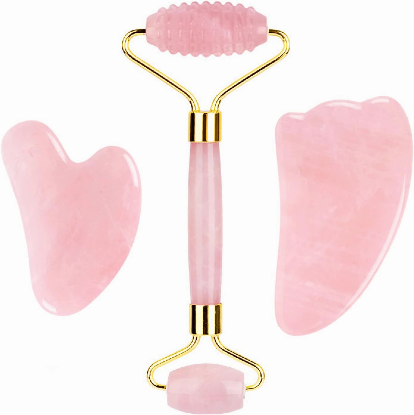 Rose Quartz Jade Eye Mask Face Massager Roller Gouache Scraper Natural Stone Jade Roller Guasha Board Face Mask Facial Massager,3pcs Roller Set-Ci