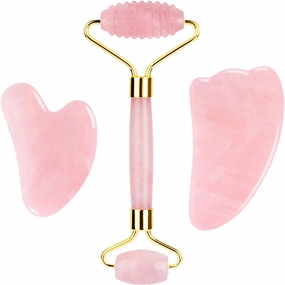 Rose Quartz Jade Eye Mask Face Massager Roller Gouache Scraper Natural Stone Jade Roller Guasha Board Face Mask Facial Massager,3pcs Roller Set-Ci