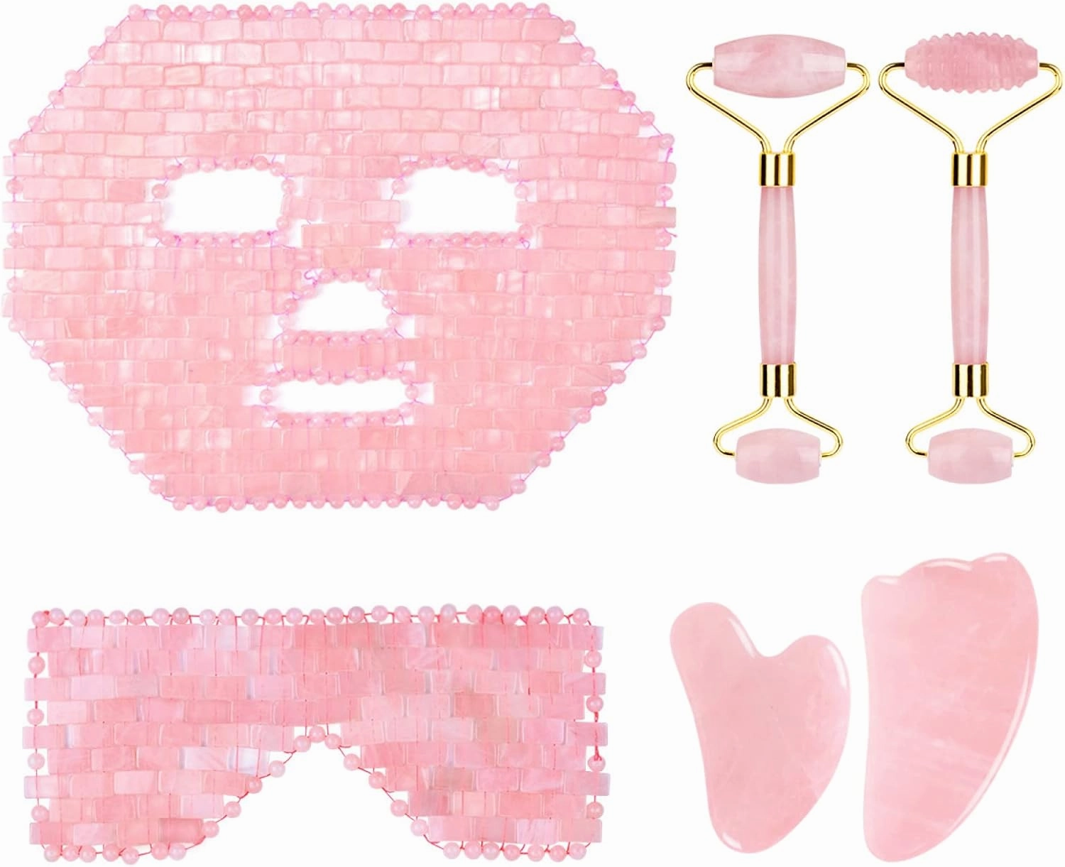 Rose Quartz Jade Eye Mask Face Massager Roller Gouache Scraper Natural Stone Jade Roller Guasha Board Face Mask Facial Massager,3pcs Roller Set-Ci