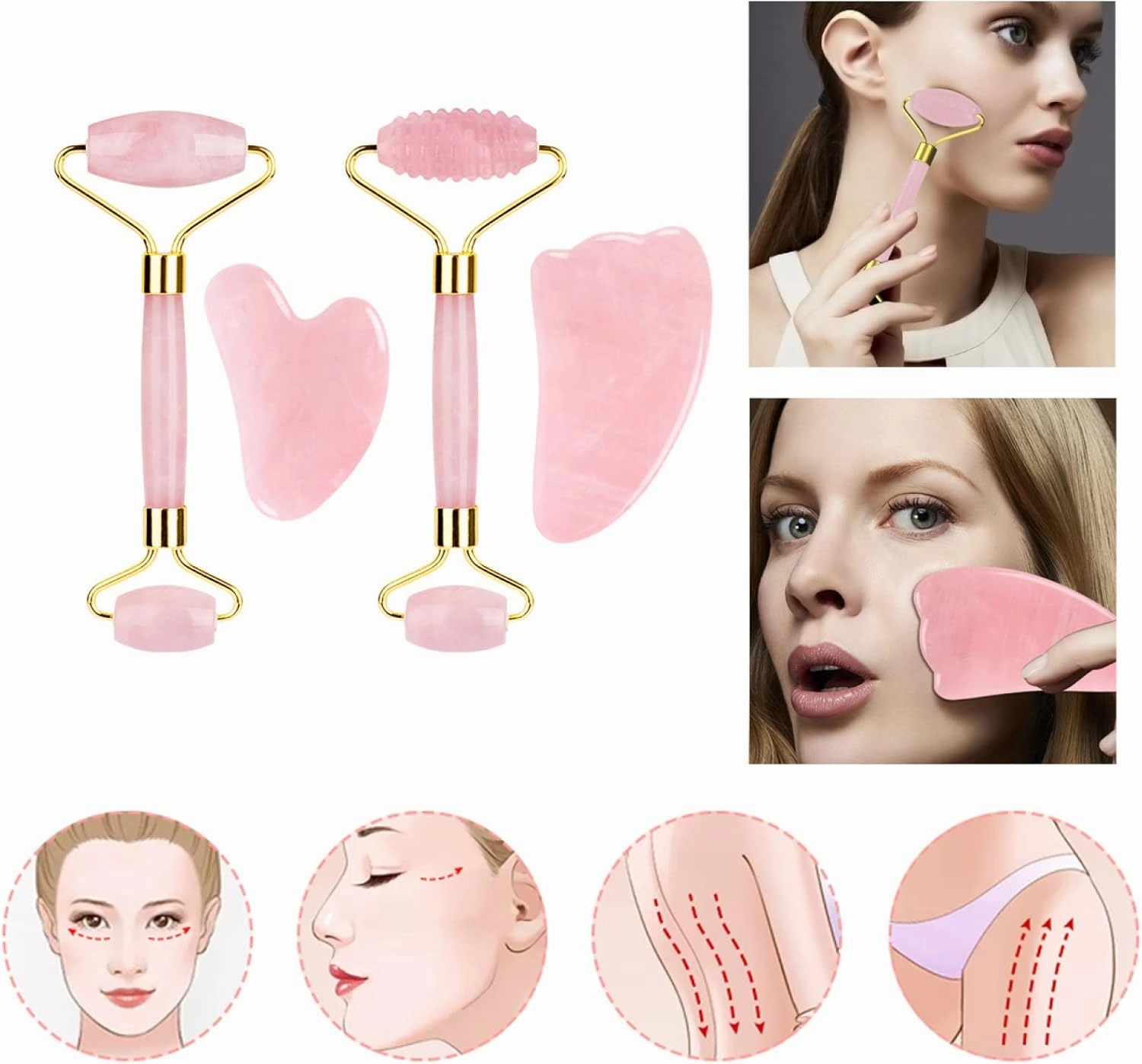 Rose Quartz Jade Eye Mask Face Massager Roller Gouache Scraper Natural Stone Jade Roller Guasha Board Face Mask Facial Massager,3pcs Roller Set-Ci