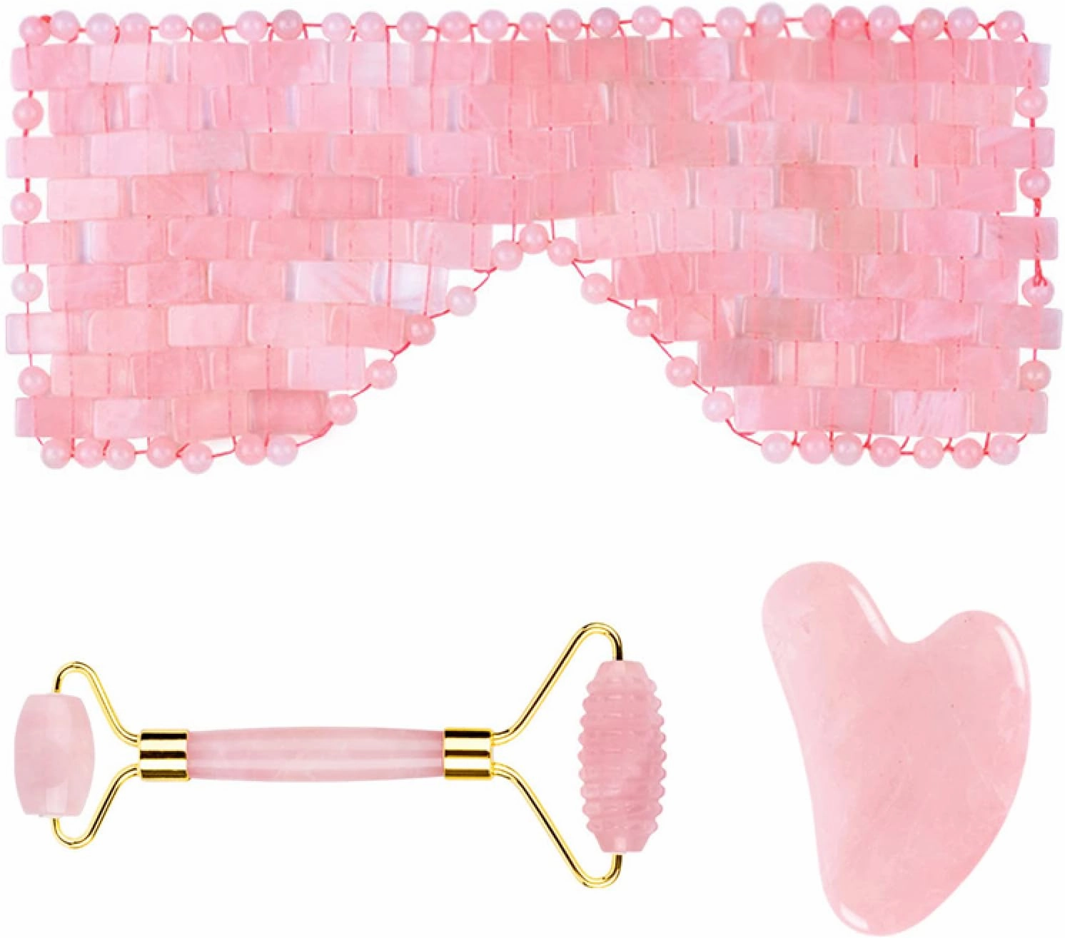 Rose Quartz Jade Eye Mask Face Massager Roller Gouache Scraper Natural Stone Jade Roller Guasha Board Face Mask Facial Massager,3pcs Roller Set-Ci