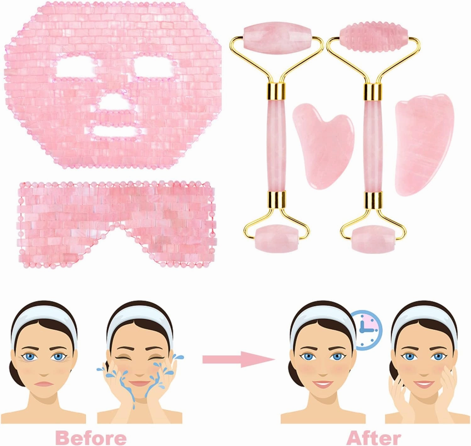 Rose Quartz Jade Eye Mask Face Massager Roller Gouache Scraper Natural Stone Jade Roller Guasha Board Face Mask Facial Massager,3pcs Roller Set-Ci