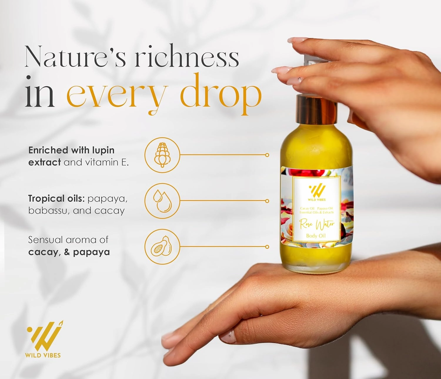 ROSE WATER Organic Luxury Body Oil with Tropical Oils & Lupin Extract – Fast Absorbing Oil for Skin with Floral Scent – After Shower Care for Women – 4 oz