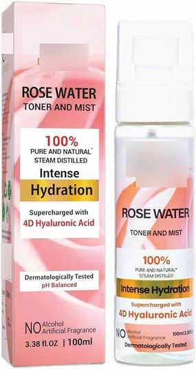 Rose Water Toner for Face, 100ml – Infused with 4D Hyaluronic Acid, Pure Rose Extracts, Tightens Pores, Hydrates, pH Balancing, Alcohol-Free, Non-Drying