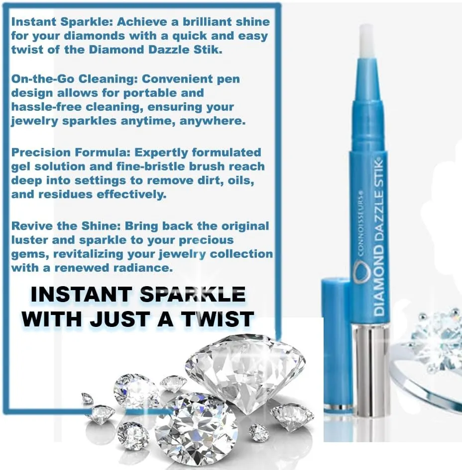 Rosenthal Collection – Diamond Dazzle Stik Jewelry Cleaner Pen - Instantly Restores Sparkle to Diamonds, Rings, and Fine Jewelry – Travel-Friendly and Easy-to-Use Brush (Two Stik with One Cloth)