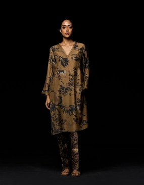 Roshan V Neck Kurta Muga Satin Beige