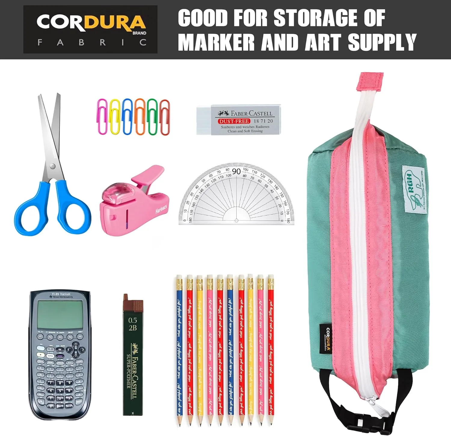 Rough Enough Large Pencil Case Pouch for Girls Kids Teens School Student with Handle Storage with YKK Zipper Cordura Fabric Pink Green