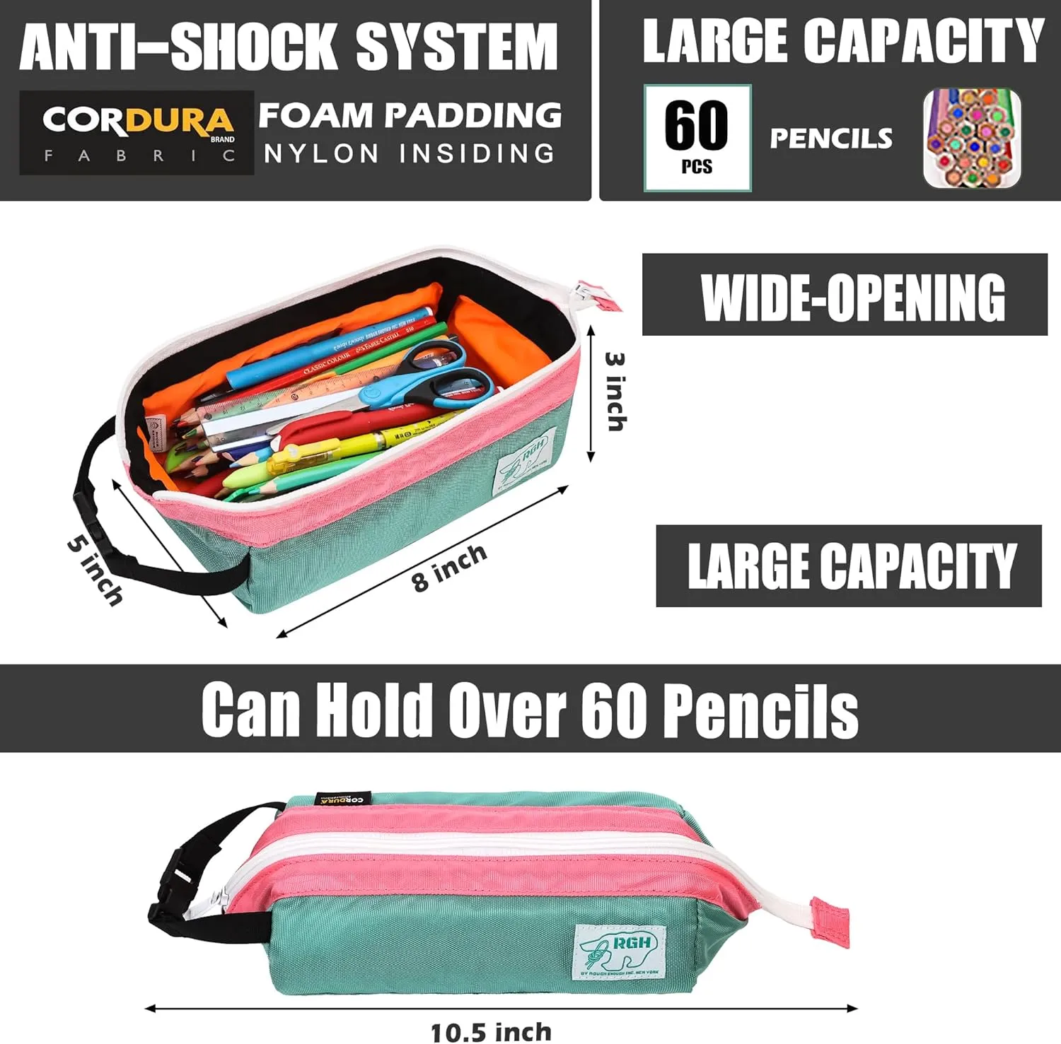 Rough Enough Large Pencil Case Pouch for Girls Kids Teens School Student with Handle Storage with YKK Zipper Cordura Fabric Pink Green