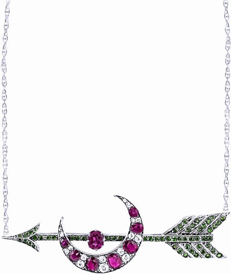Round Cut Simulated Pink Sapphire, Emerald & White CZ Crescent Moon & Arrow Pendant Necklace Along with 18" Silver Chain Jewelry for Women in in 14k Gold Over Sterling Silver