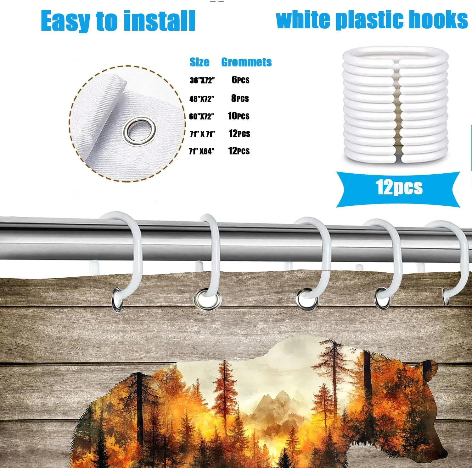Rustic Bear Shower Curtain Country Wild Animals Forest Plank Background Bath Curtain Set Mountain Woodland Nature Bear Shower Curtain Rustic with 12 Hooks 72 X 72 Inch