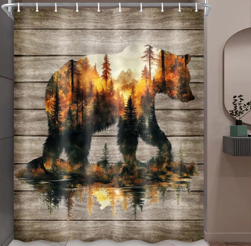Rustic Bear Shower Curtain Country Wild Animals Forest Plank Background Bath Curtain Set Mountain Woodland Nature Bear Shower Curtain Rustic with 12 Hooks 72 X 72 Inch
