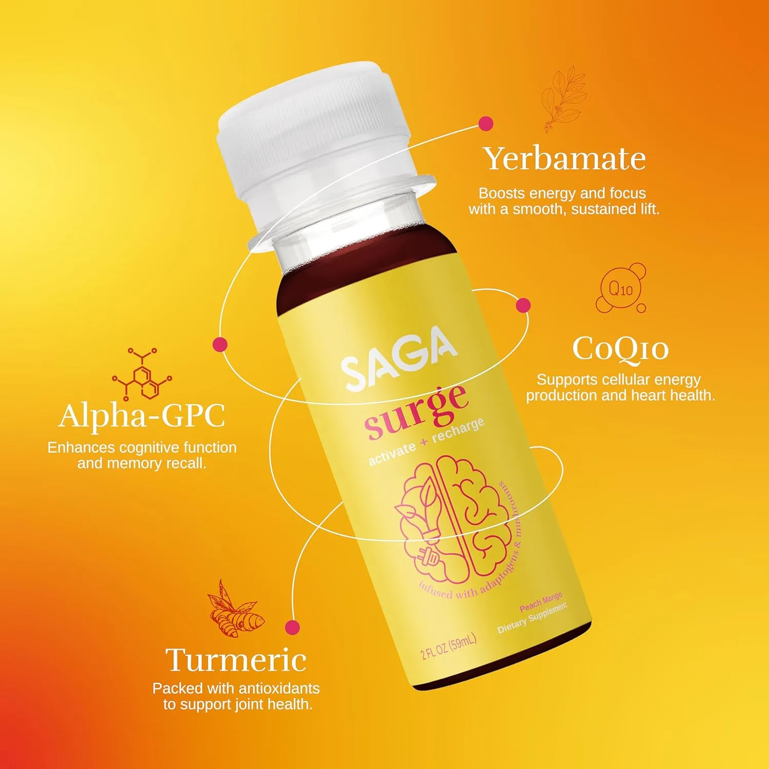 SAGA Organic Energy Shots | Contains Nootropics, & Mushrooms - CoQ10 & Ashwagandha | High Bioavailability & Fast Onset | Improves Endurance & Peak Performance | Peach Mango 2oz Shots (18-Pack)