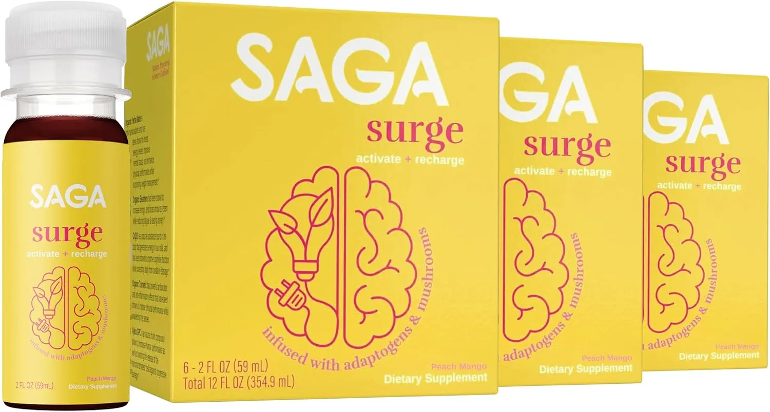 SAGA Organic Energy Shots | Contains Nootropics, & Mushrooms - CoQ10 & Ashwagandha | High Bioavailability & Fast Onset | Improves Endurance & Peak Performance | Peach Mango 2oz Shots (18-Pack)