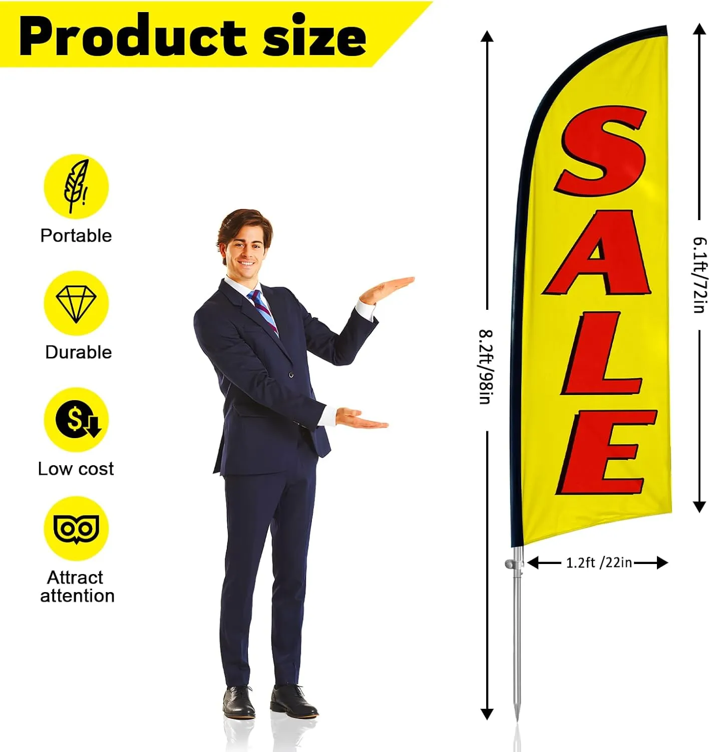 Sale Signs for Outside, 8FT Sale Swooper Flag, Eye Catching Yard Sale Flag with Complete Pole Kit and Ground Spike for Retail Store Advertising