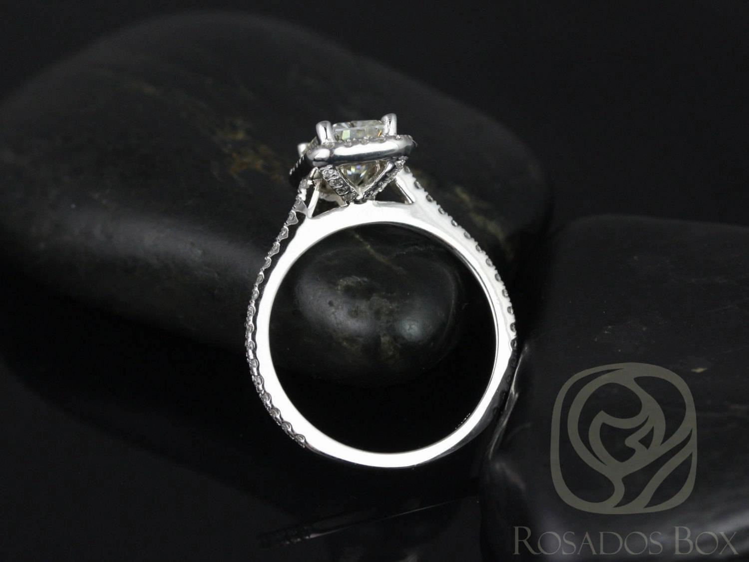 SALE Brianna 8x6mm 14kt ROSE Gold Radiant FB Moissanite and Diamonds Halo Engagement Ring