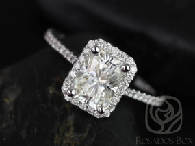 SALE Brianna 8x6mm 14kt ROSE Gold Radiant FB Moissanite and Diamonds Halo Engagement Ring