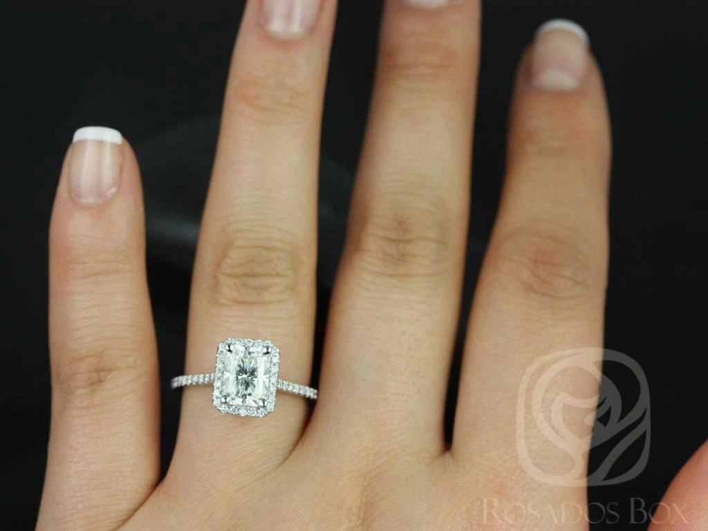 SALE Brianna 8x6mm 14kt ROSE Gold Radiant FB Moissanite and Diamonds Halo Engagement Ring