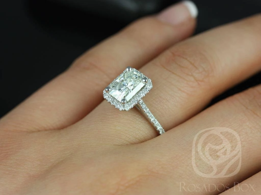 SALE Brianna 8x6mm 14kt ROSE Gold Radiant FB Moissanite and Diamonds Halo Engagement Ring