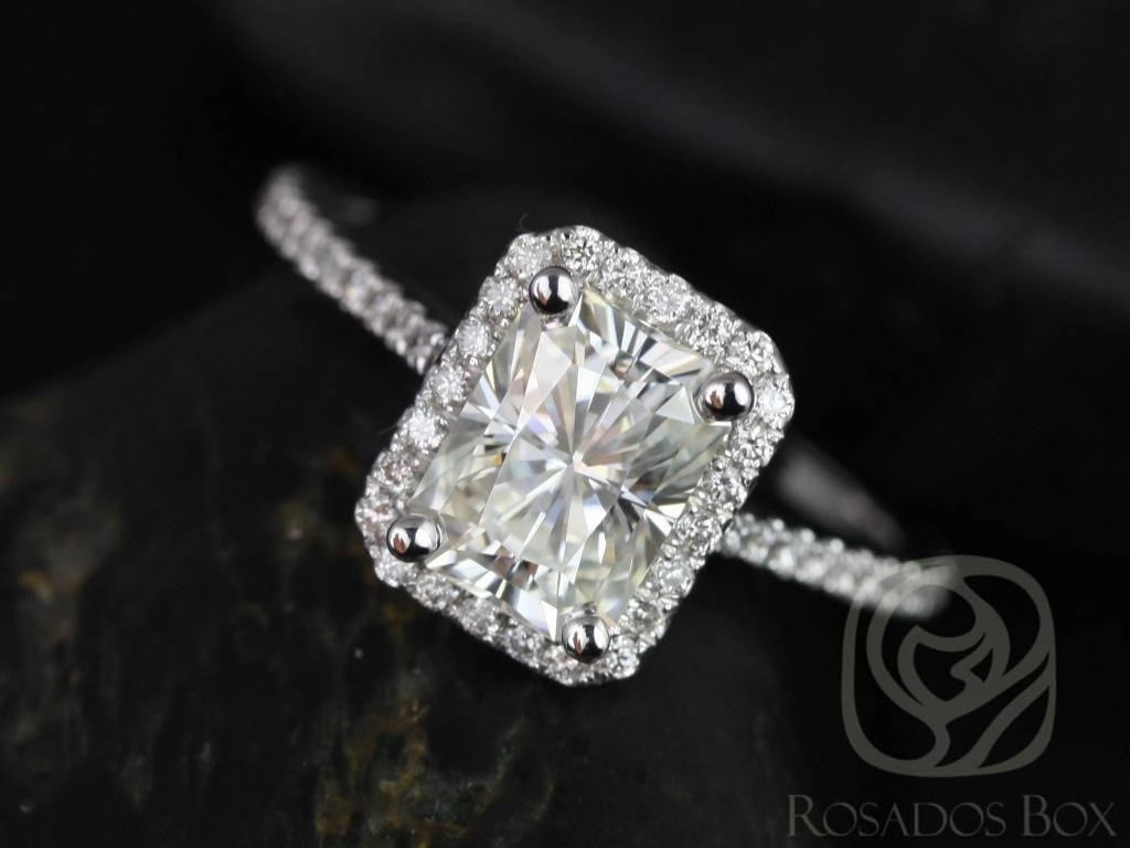 SALE Brianna 8x6mm 14kt ROSE Gold Radiant FB Moissanite and Diamonds Halo Engagement Ring
