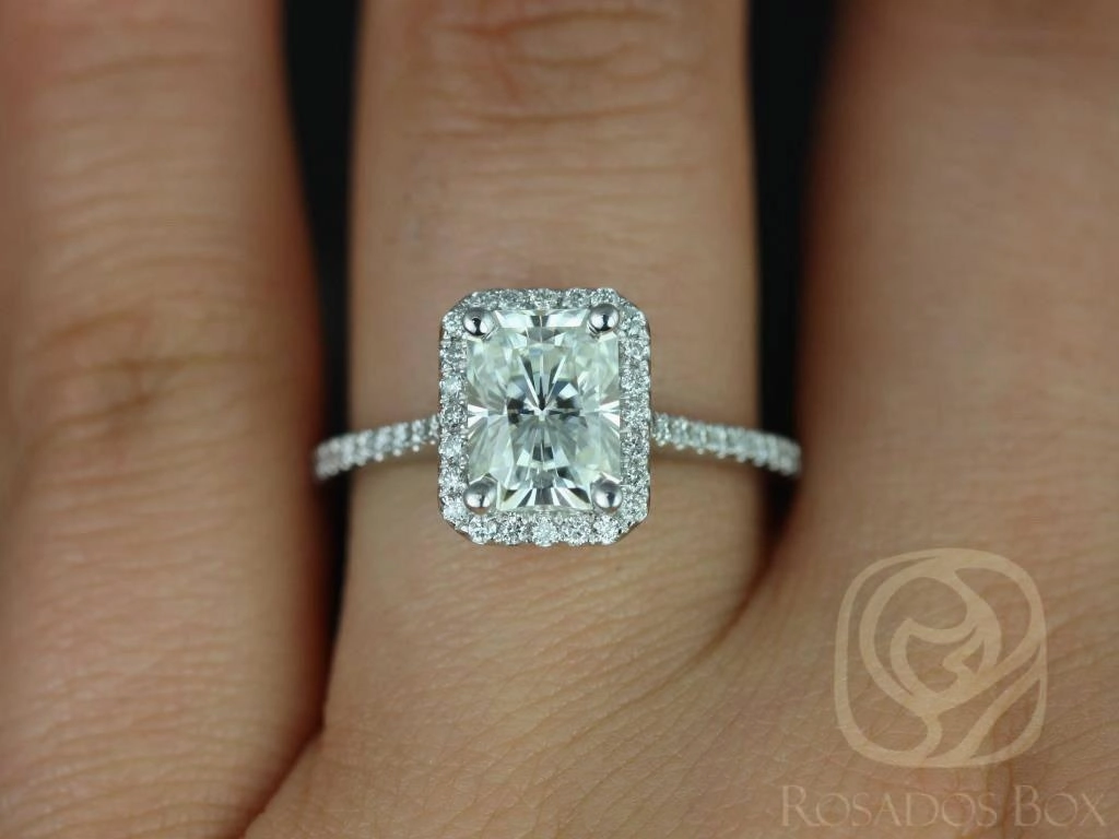 SALE Brianna 8x6mm 14kt ROSE Gold Radiant FB Moissanite and Diamonds Halo Engagement Ring