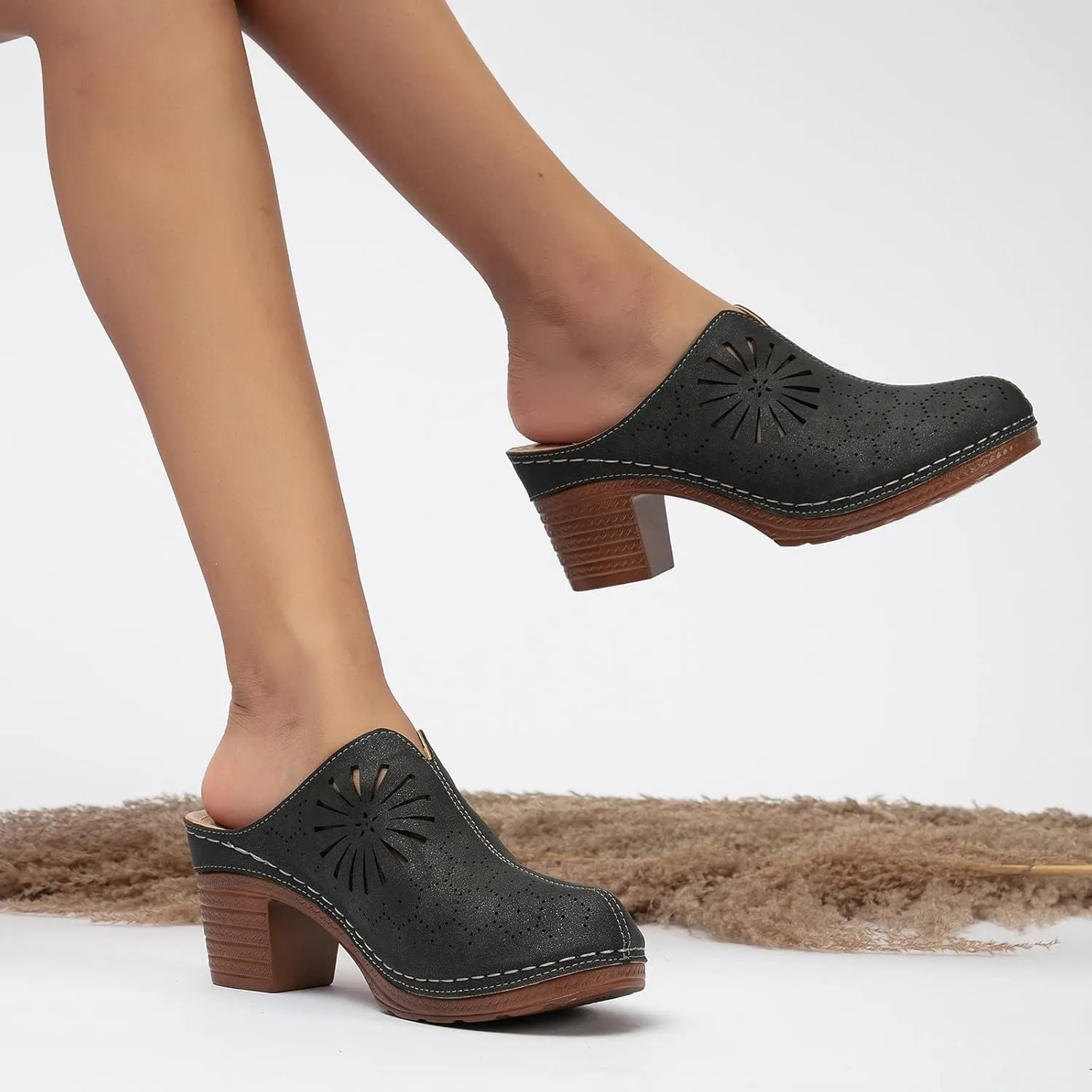 Sandals for Women 2025 Chunky Platform Mules Sandals Slip on Block Heels Square Toe High Heeled Dress Shoes