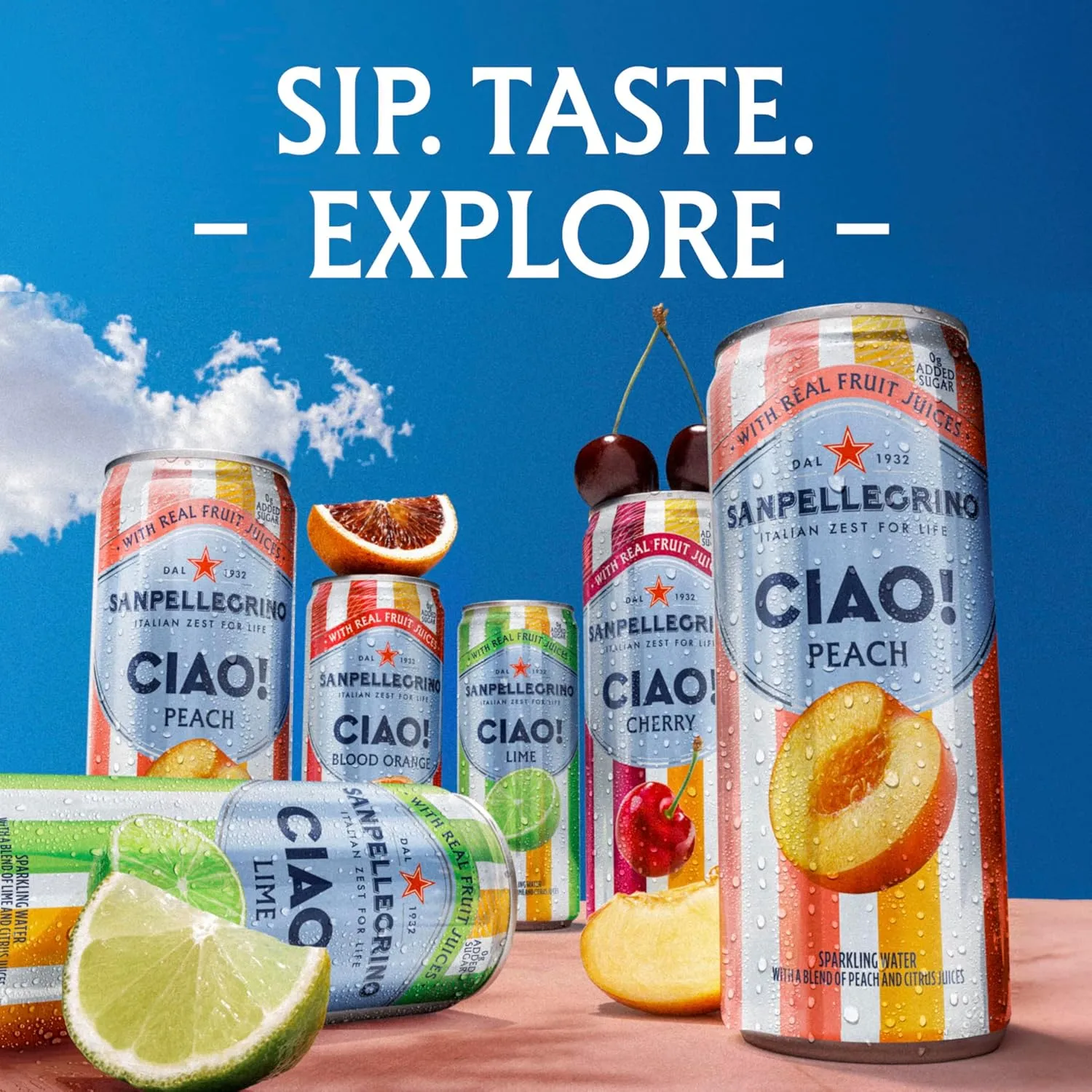 Sanpellegrino CIAO Peach Sparkling Water, Low-Calorie Italian Sparkling Water with Real Fruit Juices, 0g Added Sugar, 24-Pack