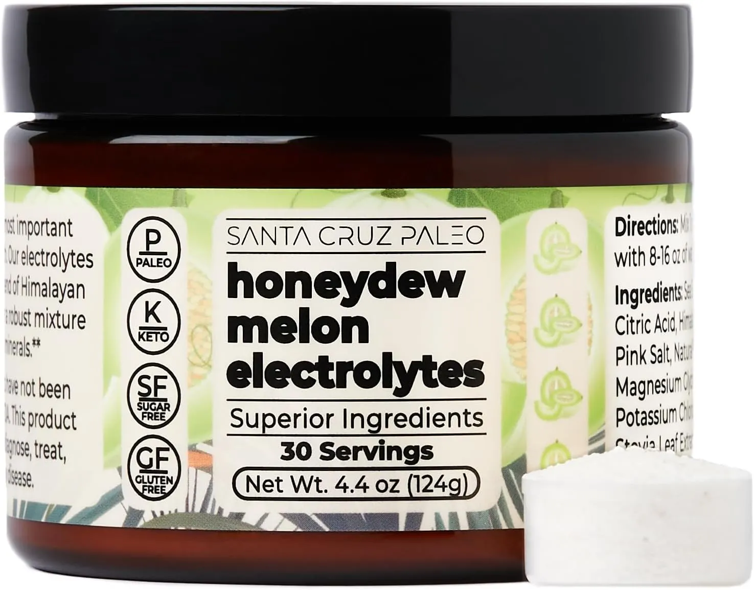 Santa Cruz Paleo Electrolyte Powder, Honeydew Melon Flavor, Sugar Free Hydration Drink Mix with Himalayan Pink Salt, Sea Salt, Magnesium Glycinate, Potassium Chloride, Sweetened with Stevia, 30 Srvgs