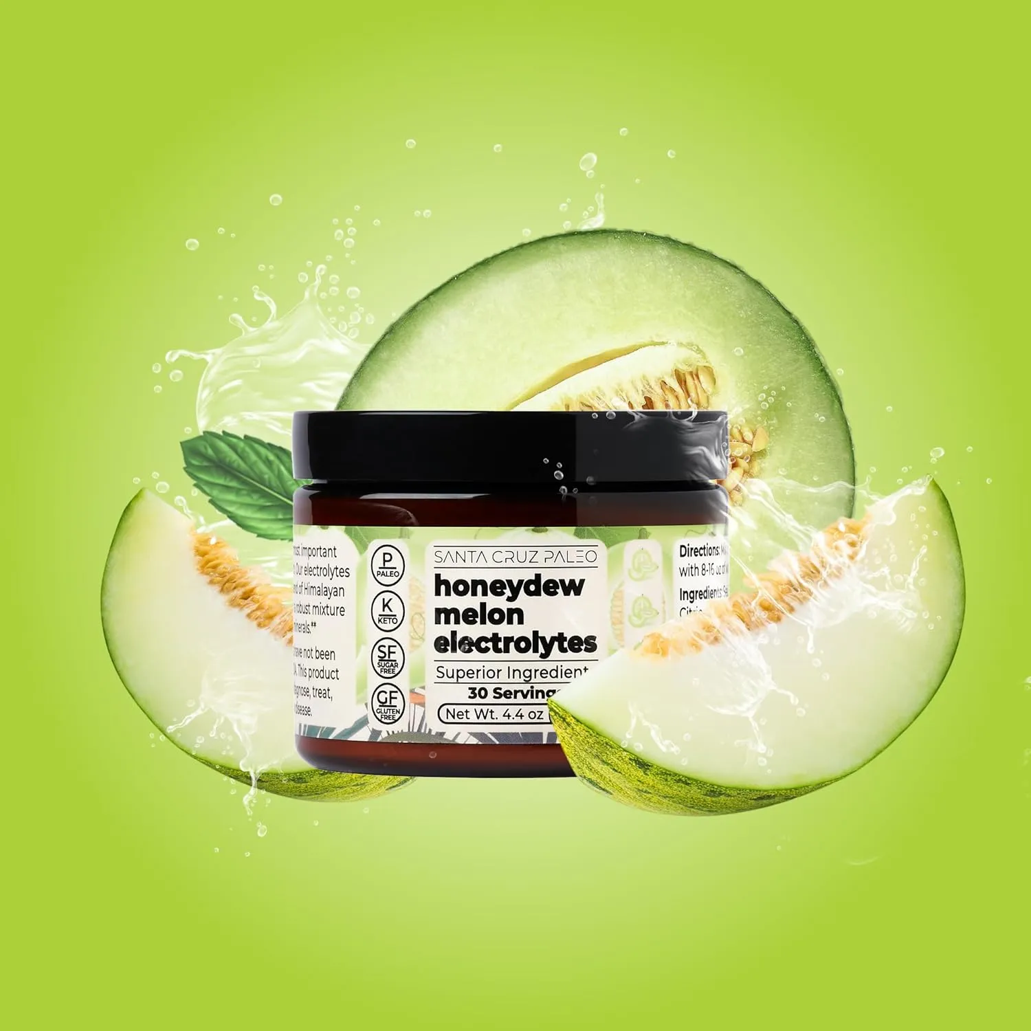 Santa Cruz Paleo Electrolyte Powder, Honeydew Melon Flavor, Sugar Free Hydration Drink Mix with Himalayan Pink Salt, Sea Salt, Magnesium Glycinate, Potassium Chloride, Sweetened with Stevia, 30 Srvgs