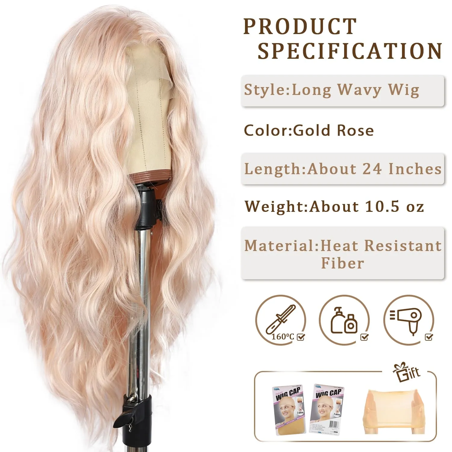 SAPPHIREWIGS Long Body Wave Wig 13×4 Synthetic Lace Front Wig Rose Gold Blonde Hair Loose Curly Hair Heat Resistant Hair Halloween Daily Party Use 24 inch