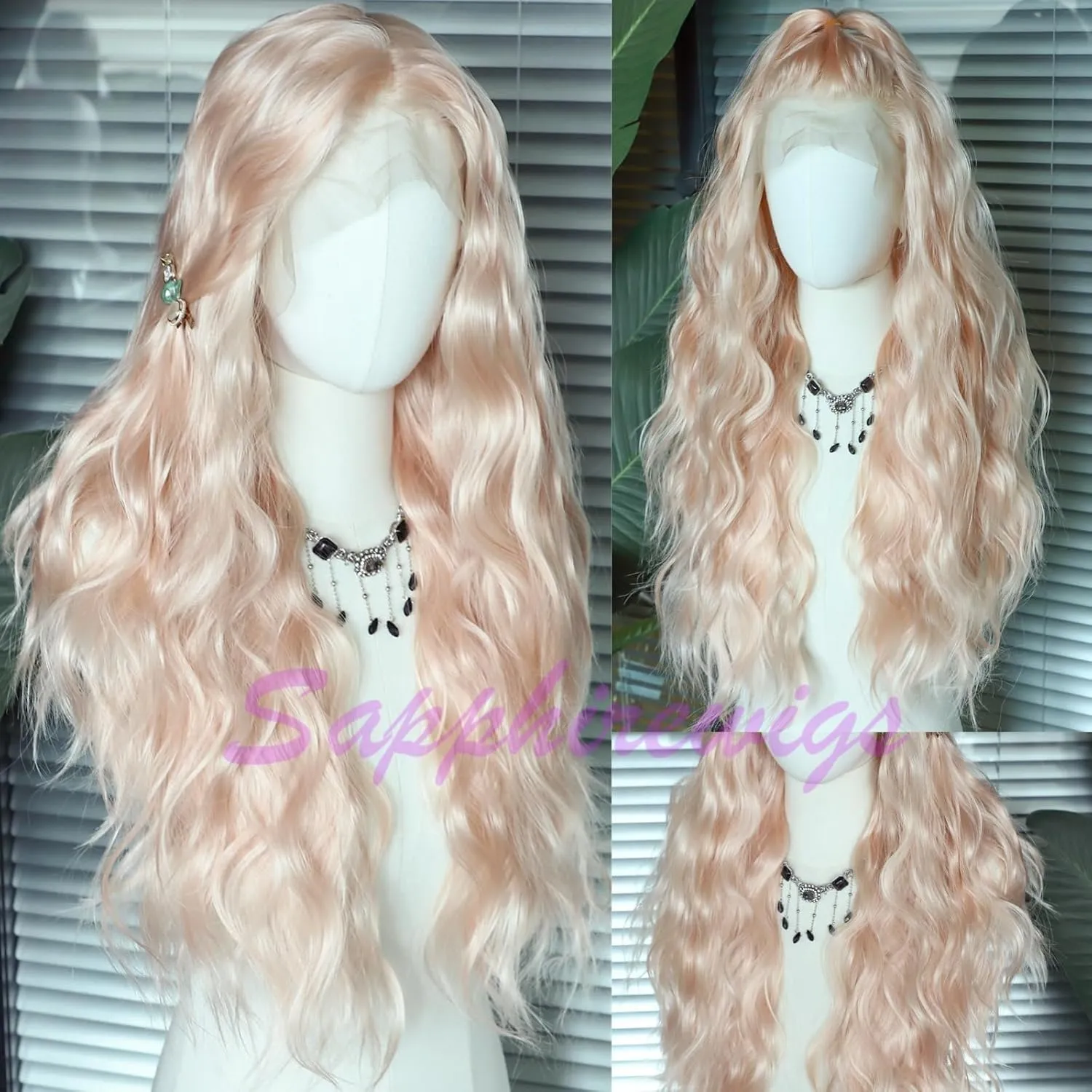 SAPPHIREWIGS Long Body Wave Wig 13×4 Synthetic Lace Front Wig Rose Gold Blonde Hair Loose Curly Hair Heat Resistant Hair Halloween Daily Party Use 24 inch