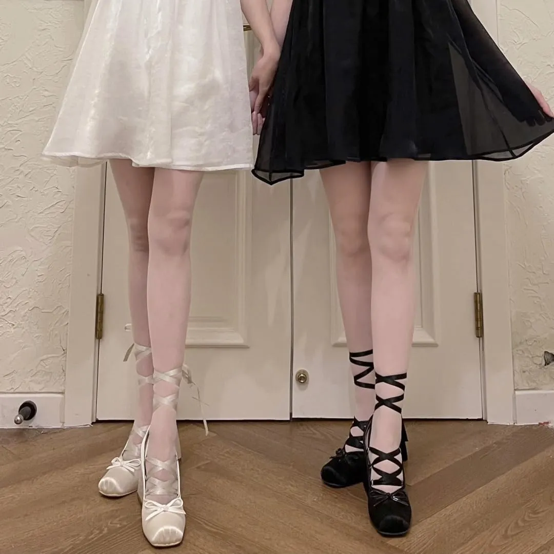 Satin Ballet Heels for Women Bowknot Square Closed Toe Removable Cross Ribbon Chunky Heel Lolita Slip On Elegant Sexy Pumps