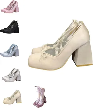 Satin Ballet Heels for Women Bowknot Square Closed Toe Removable Cross Ribbon Chunky Heel Lolita Slip On Elegant Sexy Pumps