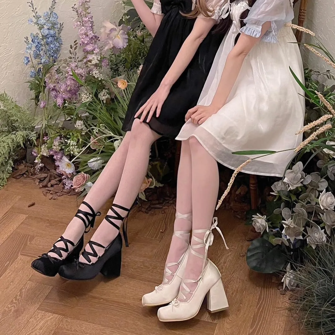 Satin Ballet Heels for Women Bowknot Square Closed Toe Removable Cross Ribbon Chunky Heel Lolita Slip On Elegant Sexy Pumps