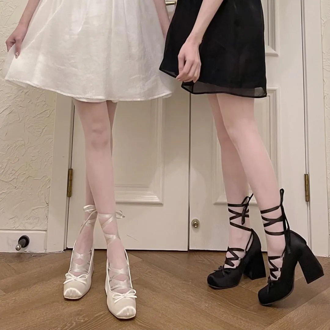 Satin Ballet Heels for Women Bowknot Square Closed Toe Removable Cross Ribbon Chunky Heel Lolita Slip On Elegant Sexy Pumps