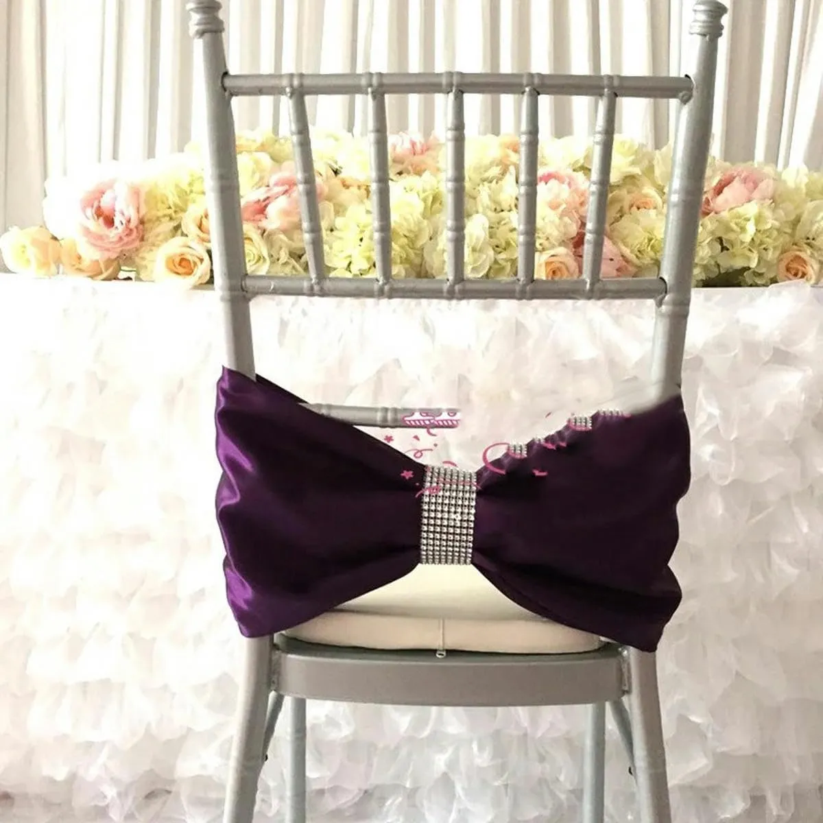 Satin Chair Band Bow Sash with Buckle for Event Cover Decoration-Sky Blue (Fuchsia One Size)