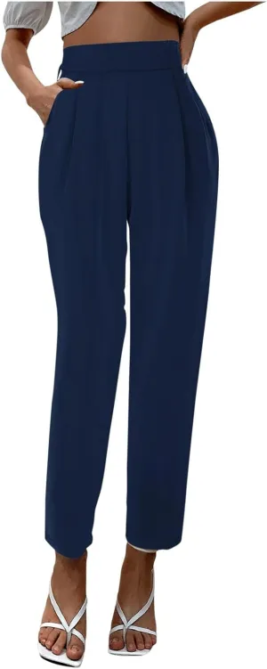 Satin Pants for Women High Waisted Pants Casual Loose Fitting Slacks with Imitation Silk Pockets Stretchy Trousers