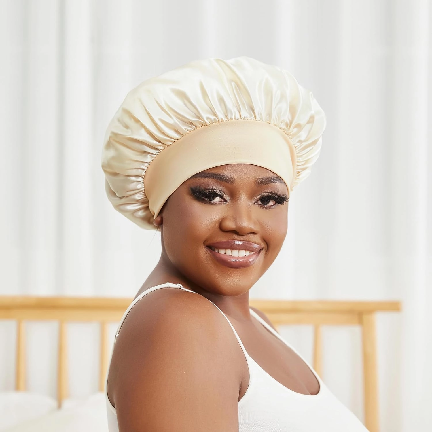 Satin Bonnet Silk Hair Bonnet for Sleeping Women Men Night Cap Sleep Bonnet Hat Hair Cap 9 Pack with Wide Band, Beige