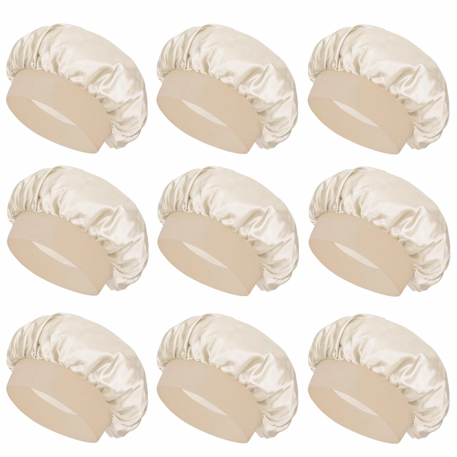 Satin Bonnet Silk Hair Bonnet for Sleeping Women Men Night Cap Sleep Bonnet Hat Hair Cap 9 Pack with Wide Band, Beige