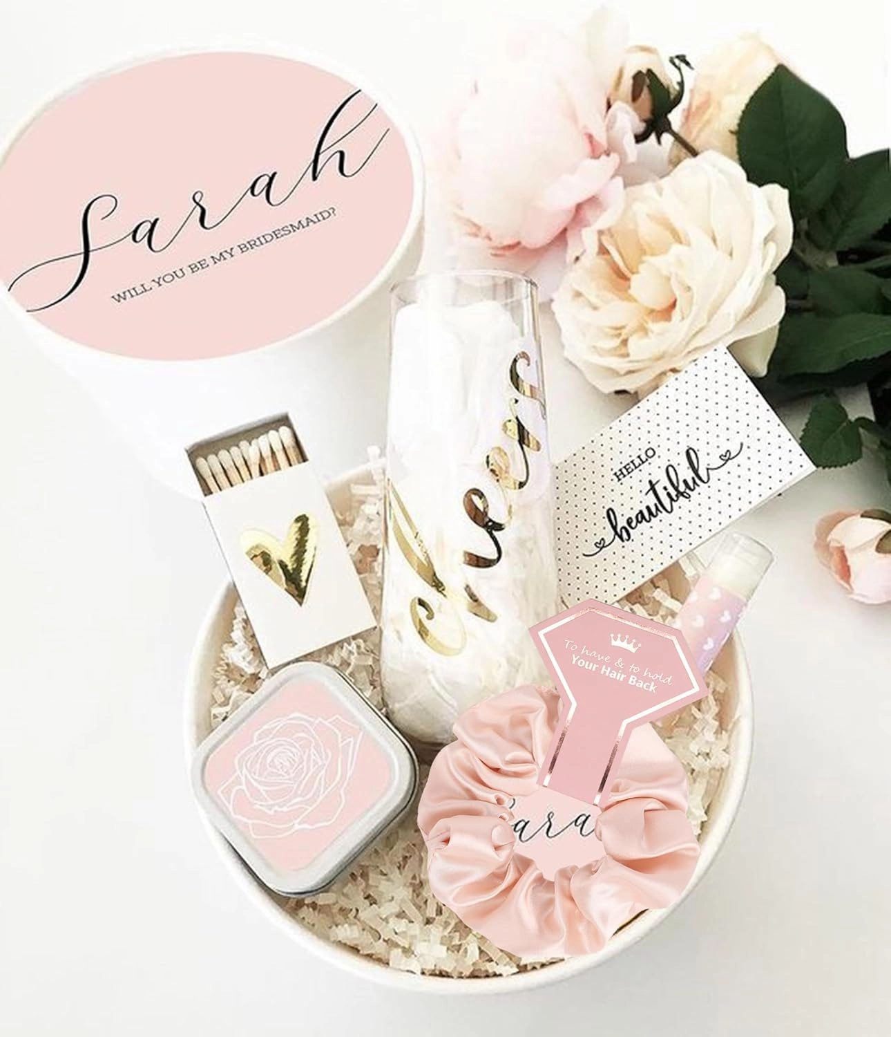 Satin Bridesmaid Scrunchies Bridesmaid Proposal Gifts Set of 14 Bachelorette Hair Ties Scrunchies Bachelorette Party Favors for Bridal Wedding Parties-(White & Beige)