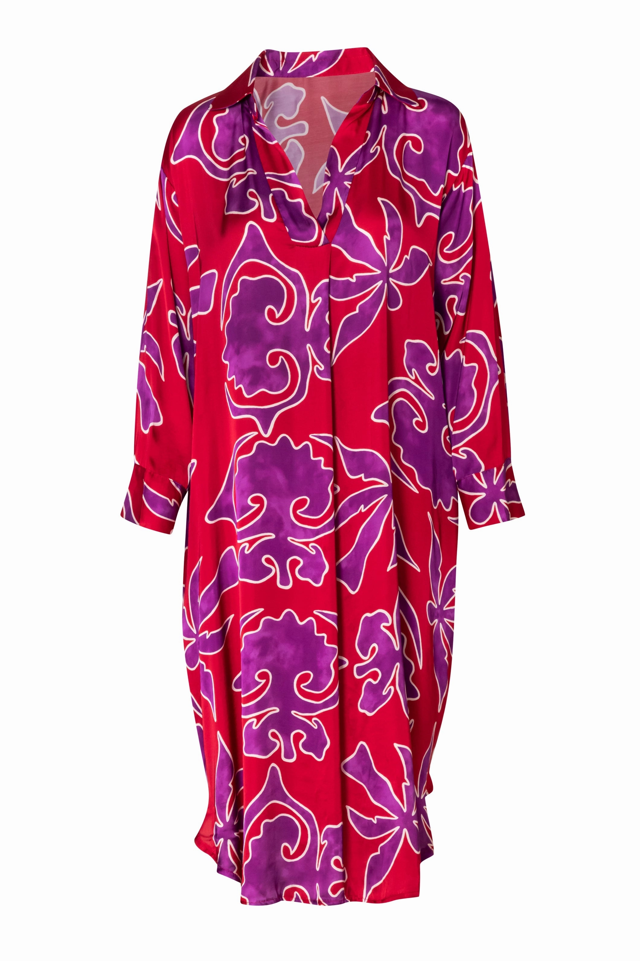 Satin Long Sleeve Fuchsia and Purple Printed Dress