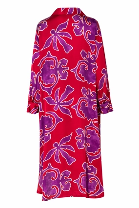Satin Long Sleeve Fuchsia and Purple Printed Dress