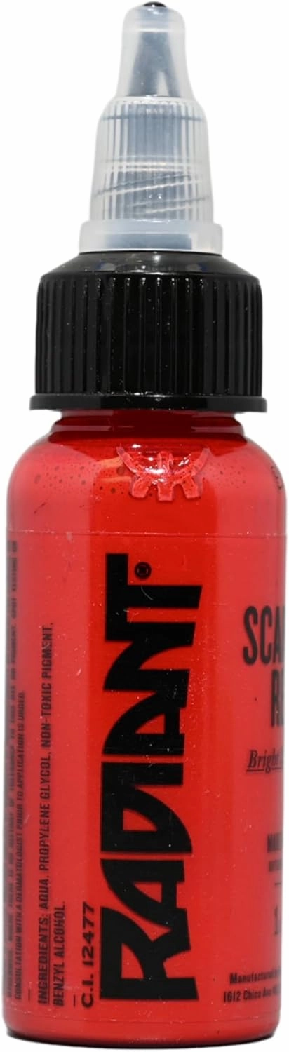 Scarlet Red Radiant Tattoo Ink 1oz Bottle for Color Tattooing and Shading Real Human Skin by Radiant Colors