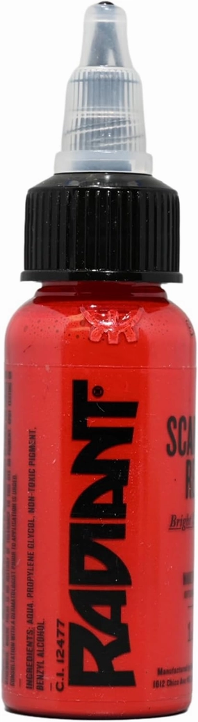 Scarlet Red Radiant Tattoo Ink 1oz Bottle for Color Tattooing and Shading Real Human Skin by Radiant Colors
