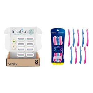 Schick Intuition Refill, Razor Blades with Organic Aloe for Women Sensitive Skin | 8 Count (Pack of 1) & Schick Hydro Silk Touch-Up Exfoliating Dermaplaning Tool