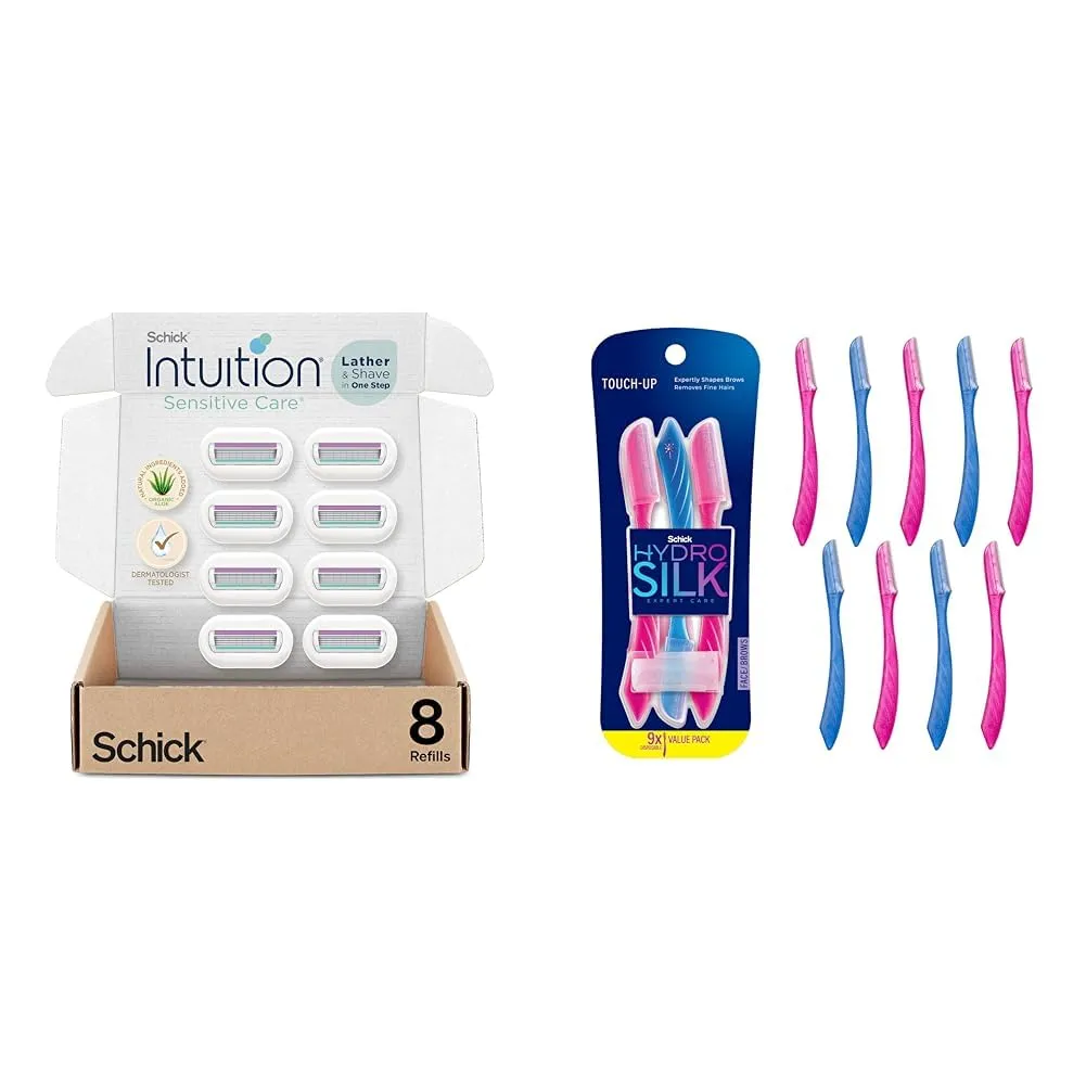 Schick Intuition Refill, Razor Blades with Organic Aloe for Women Sensitive Skin | 8 Count (Pack of 1) & Schick Hydro Silk Touch-Up Exfoliating Dermaplaning Tool