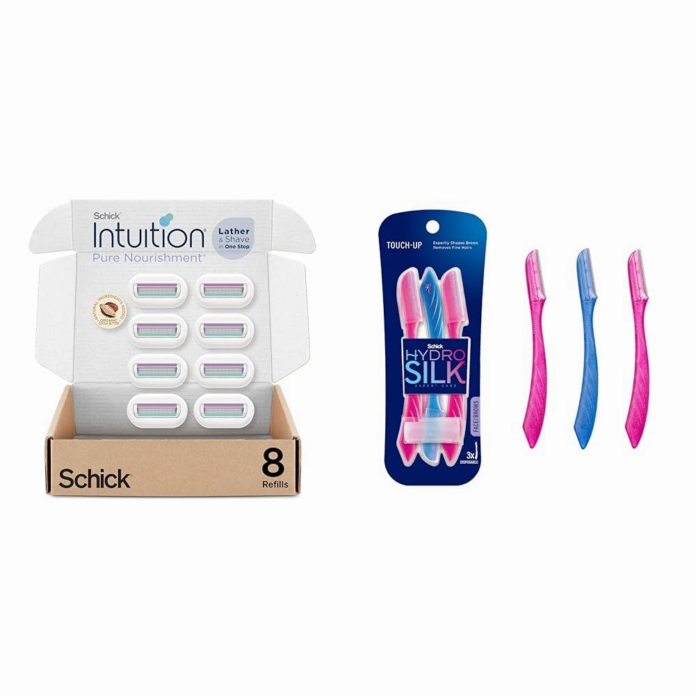 Schick Intuition Refill, Pure Nourishment Razors for Women | Intuition Razor Blades Refill & Schick Hydro Silk Touch-Up Dermaplaning Tool with Precision Cover, 3ct | Dermaplane Razor
