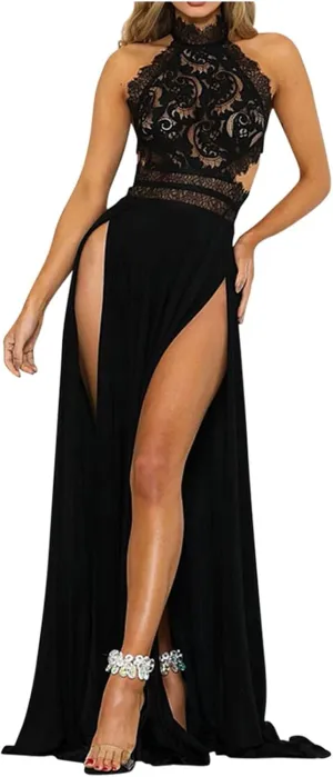 See Through Maxi Dress for Womens Floral Mesh Lace Halter Summer Dresses Backless High Split Evening Party Long Dress